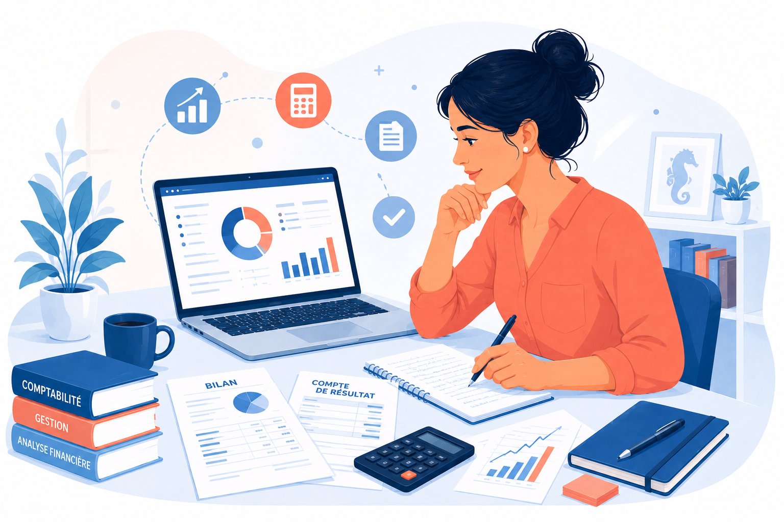 Illustration Hippocampe Academy : une entrepreneuse analyse sereinement un tableau de bord, entourée d'un bilan, d'un compte de résultat et d'une calculatrice